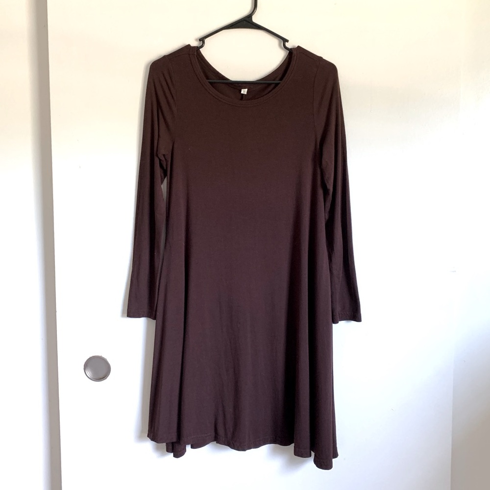 Long-Sleeved Casual Brown Dress WITH POCKETS
